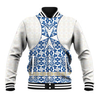 Malta Baseball Jacket with Blue White Tile Design and Maltese Cross Pattern - Wonder Print Shop