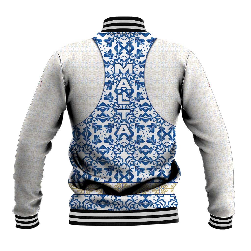 Malta Baseball Jacket with Blue White Tile Design and Maltese Cross Pattern - Wonder Print Shop