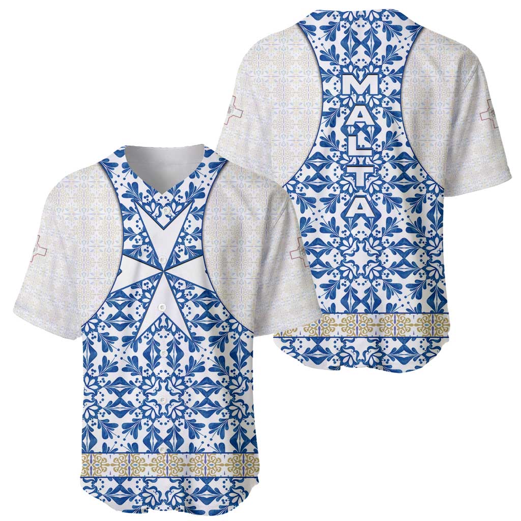 Malta Baseball Jersey with Blue White Tile Design and Maltese Cross Pattern - Wonder Print Shop
