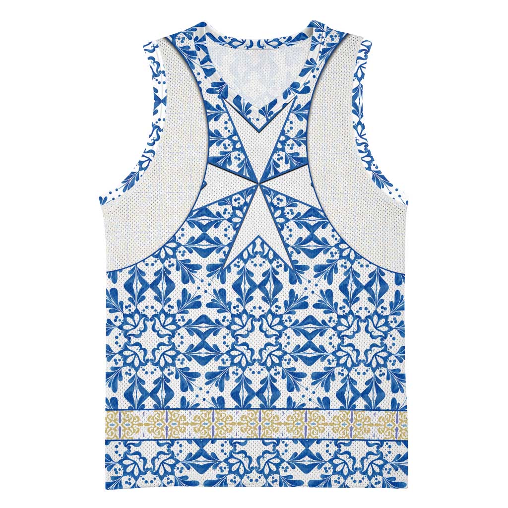 Malta Basketball Jersey with Blue White Tile Design and Maltese Cross Pattern - Wonder Print Shop