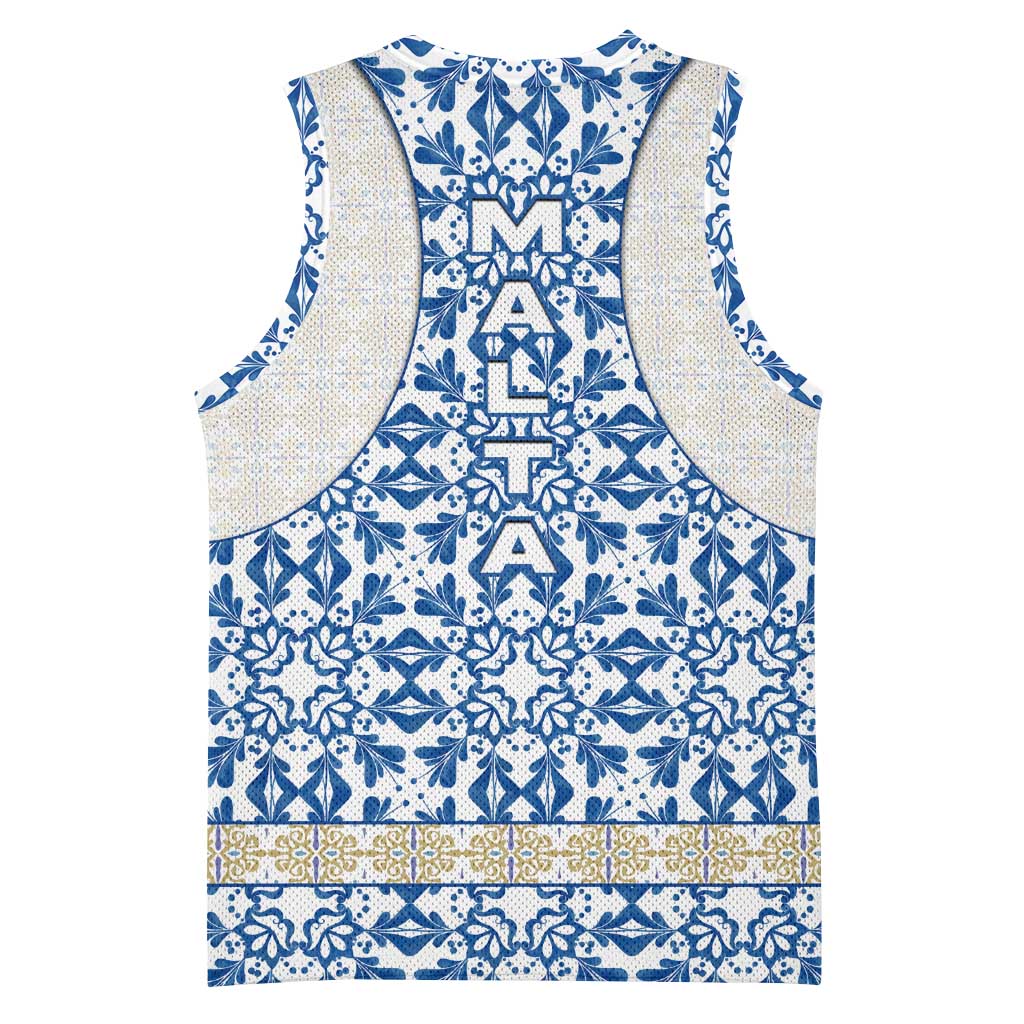 Malta Basketball Jersey with Blue White Tile Design and Maltese Cross Pattern - Wonder Print Shop