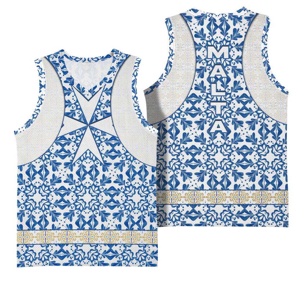 Malta Basketball Jersey with Blue White Tile Design and Maltese Cross Pattern - Wonder Print Shop