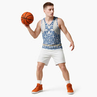 Malta Basketball Jersey with Blue White Tile Design and Maltese Cross Pattern - Wonder Print Shop