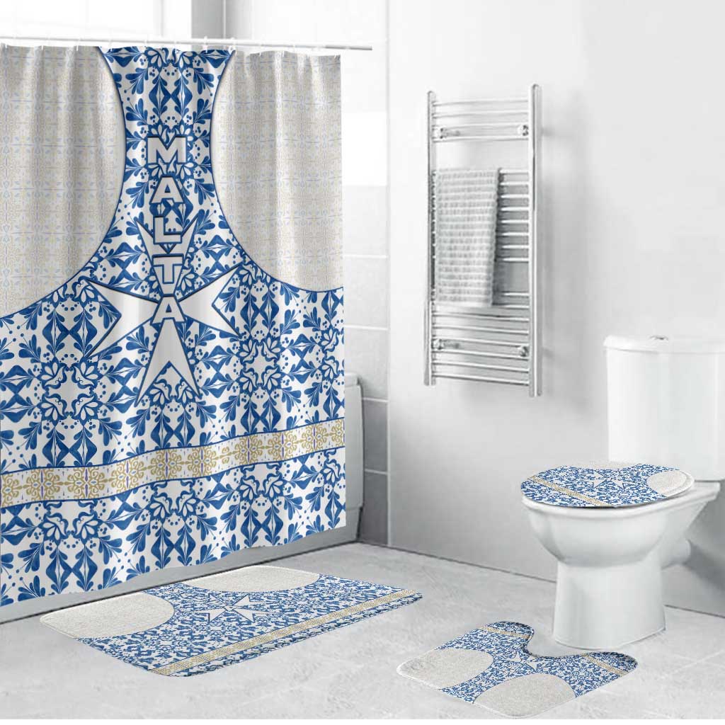 Malta Bathroom Set with Blue White Tile Design and Maltese Cross Pattern - Wonder Print Shop