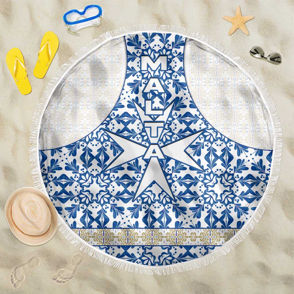 Malta Beach Blanket with Blue White Tile Design and Maltese Cross Pattern - Wonder Print Shop
