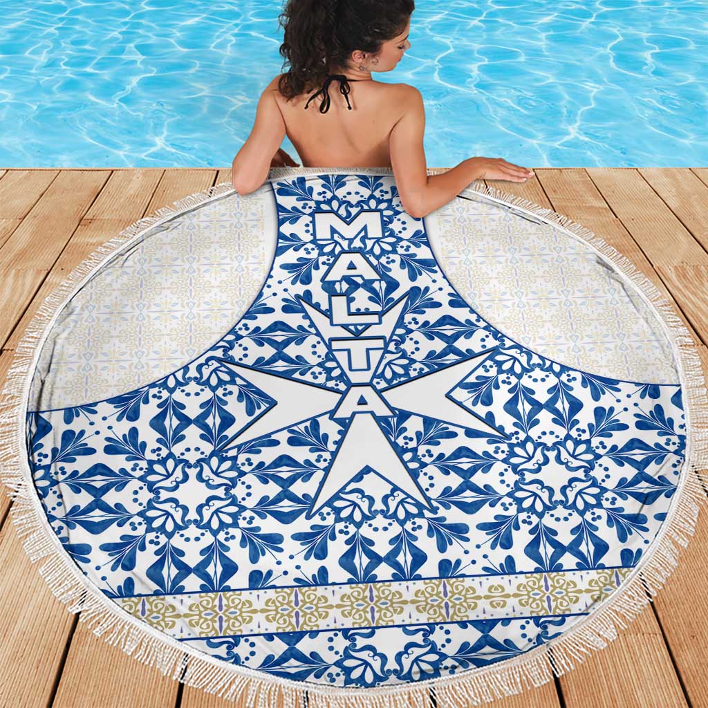 Malta Beach Blanket with Blue White Tile Design and Maltese Cross Pattern - Wonder Print Shop