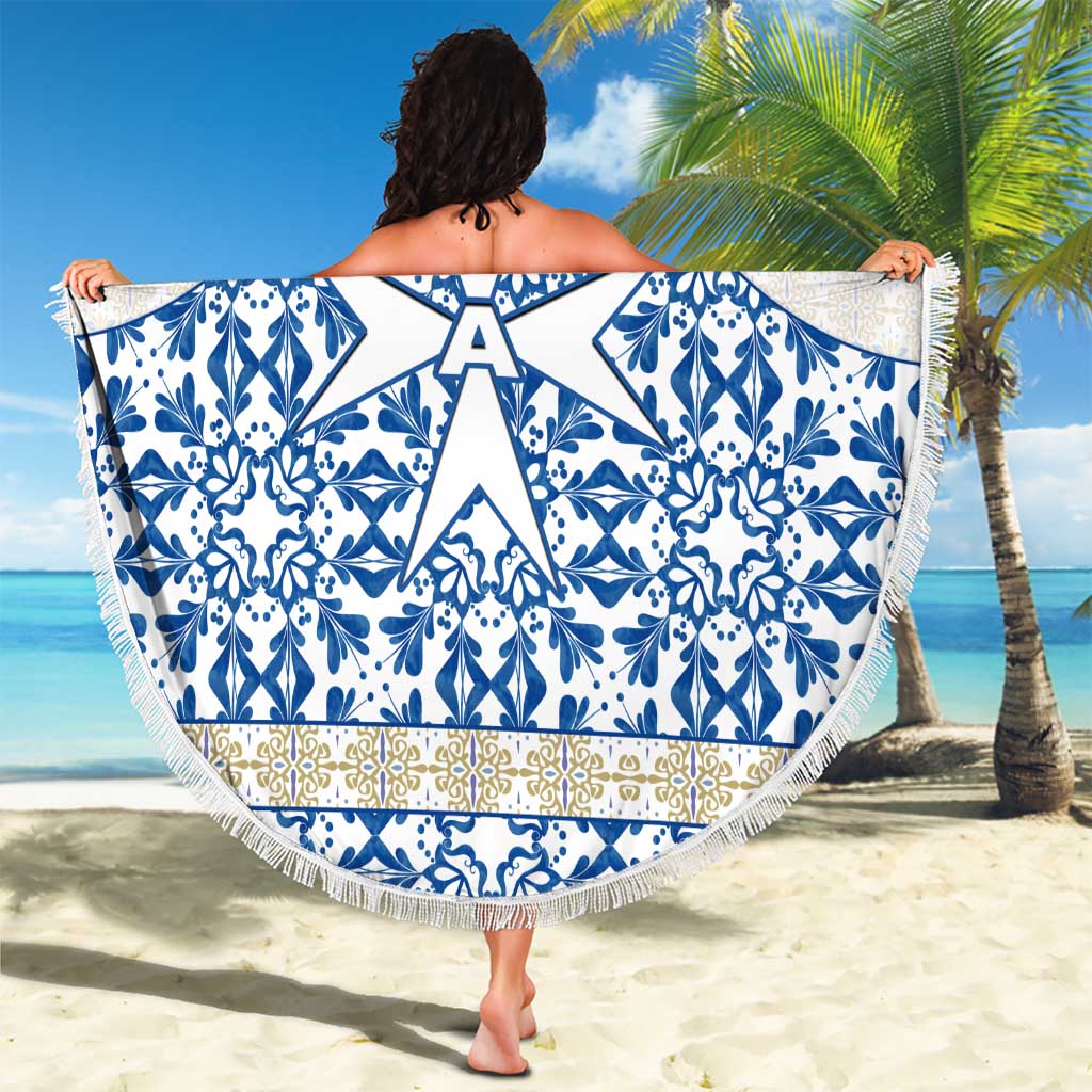 Malta Beach Blanket with Blue White Tile Design and Maltese Cross Pattern - Wonder Print Shop