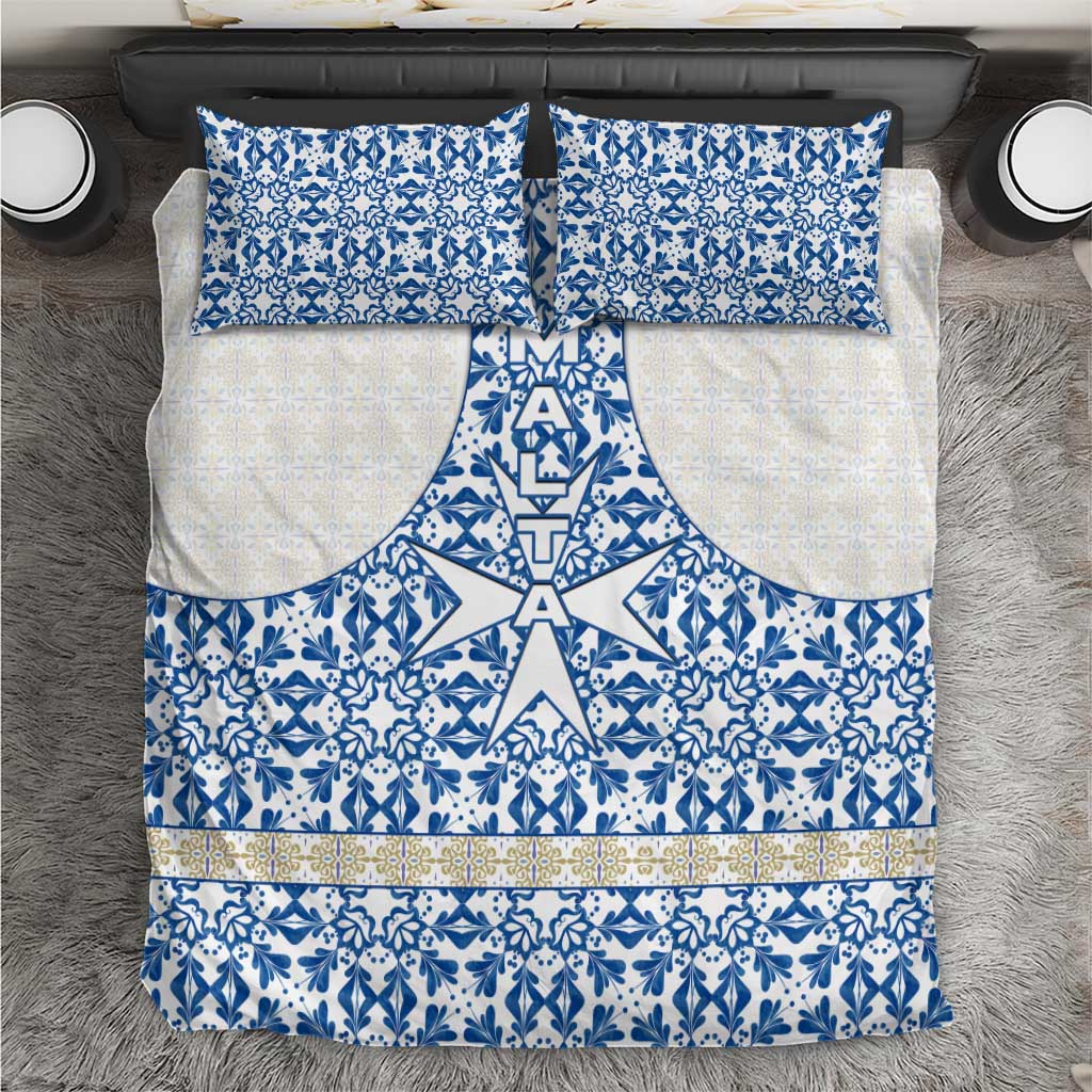 Malta Bedding Set with Blue White Tile Design and Maltese Cross Pattern - Wonder Print Shop