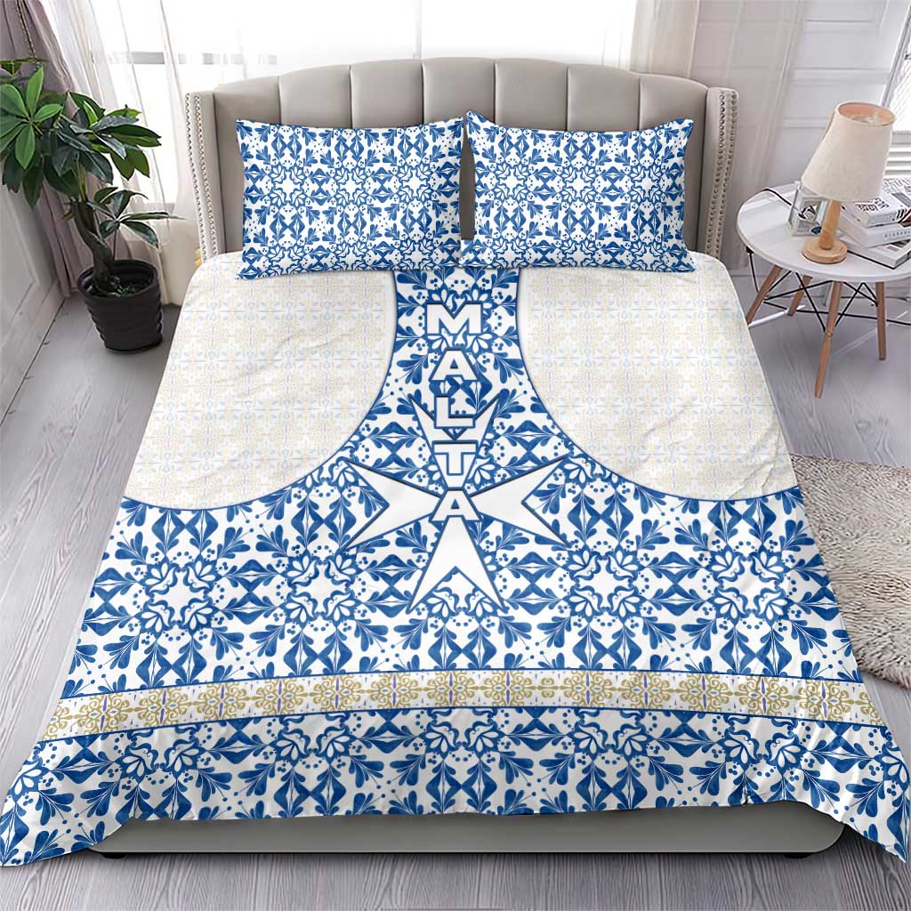 Malta Bedding Set with Blue White Tile Design and Maltese Cross Pattern - Wonder Print Shop