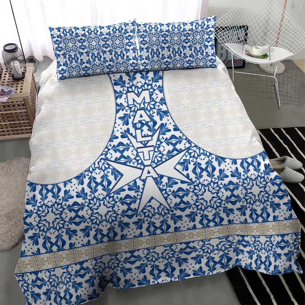 Malta Bedding Set with Blue White Tile Design and Maltese Cross Pattern - Wonder Print Shop