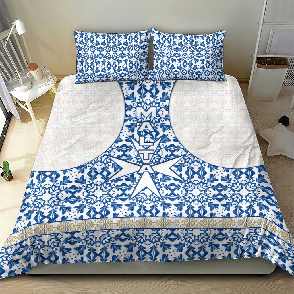 Malta Bedding Set with Blue White Tile Design and Maltese Cross Pattern - Wonder Print Shop