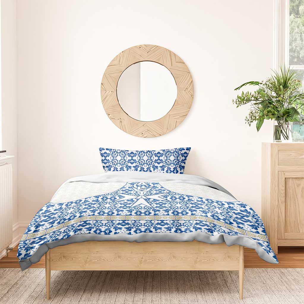 Malta Bedding Set with Blue White Tile Design and Maltese Cross Pattern - Wonder Print Shop