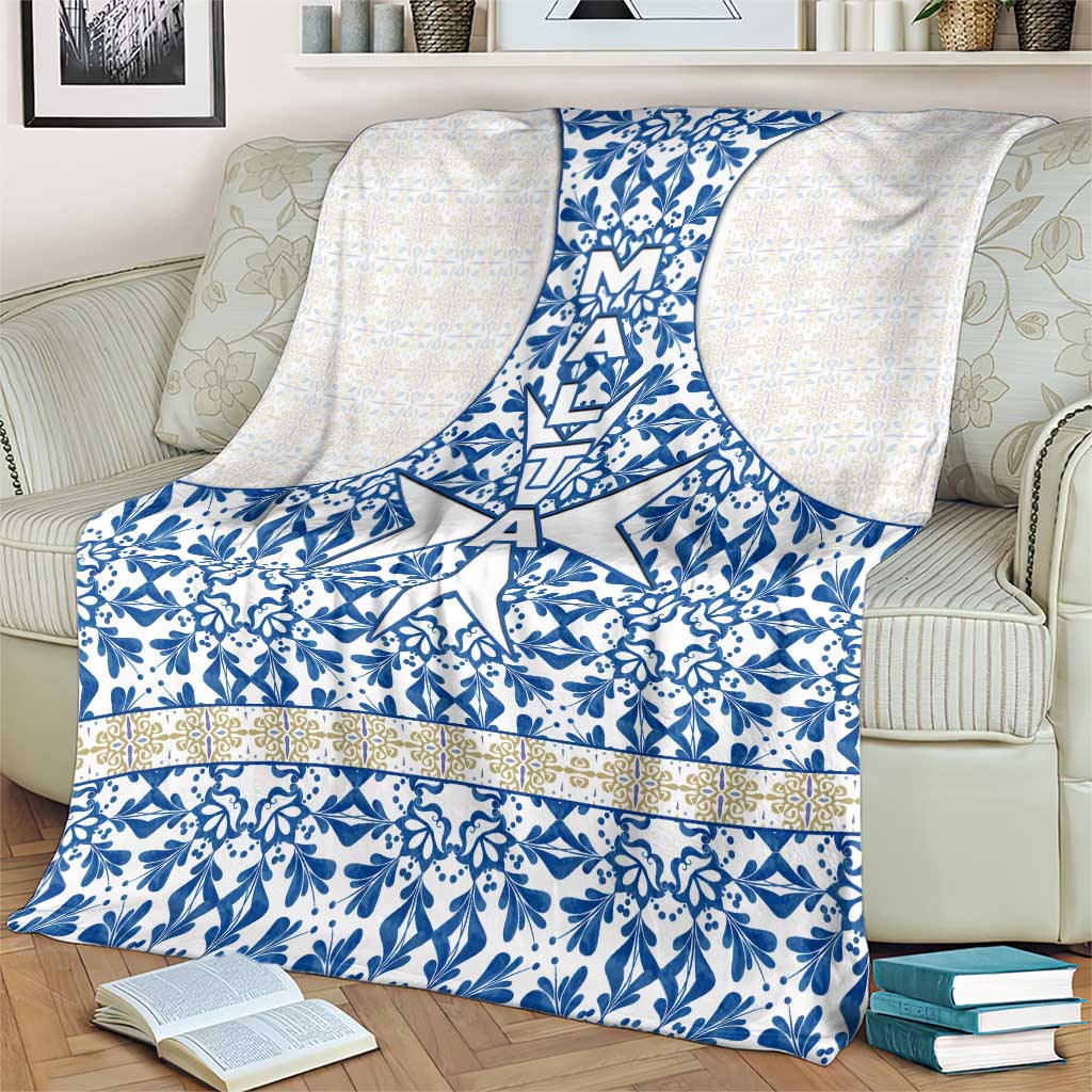 Malta Blanket with Blue White Tile Design and Maltese Cross Pattern - Wonder Print Shop