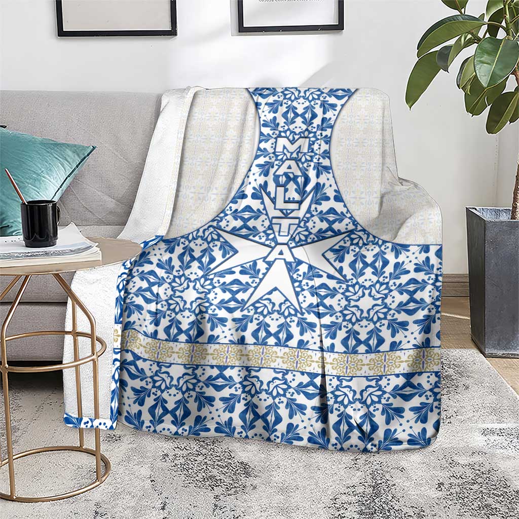 Malta Blanket with Blue White Tile Design and Maltese Cross Pattern - Wonder Print Shop