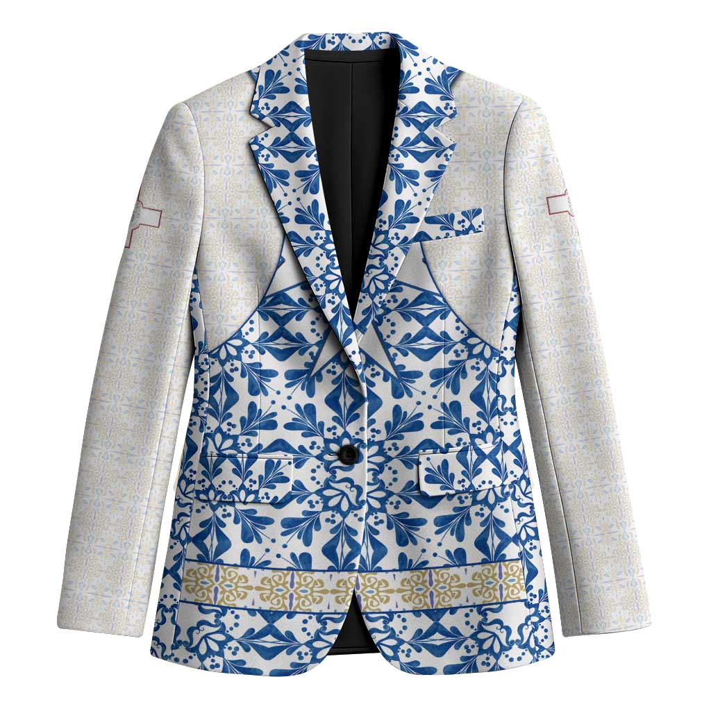 Malta Blazer with Blue White Tile Design and Maltese Cross Pattern - Wonder Print Shop