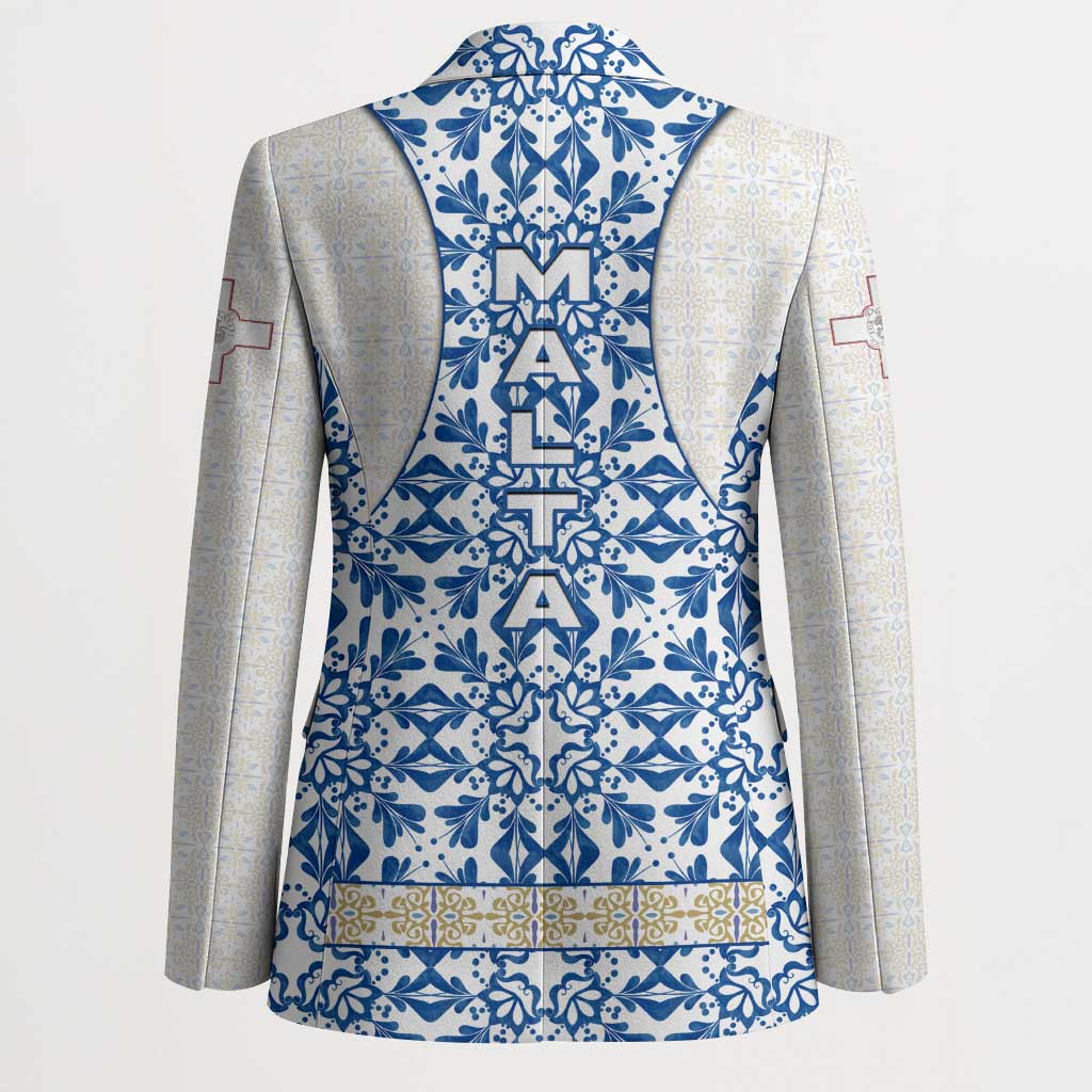 Malta Blazer with Blue White Tile Design and Maltese Cross Pattern - Wonder Print Shop
