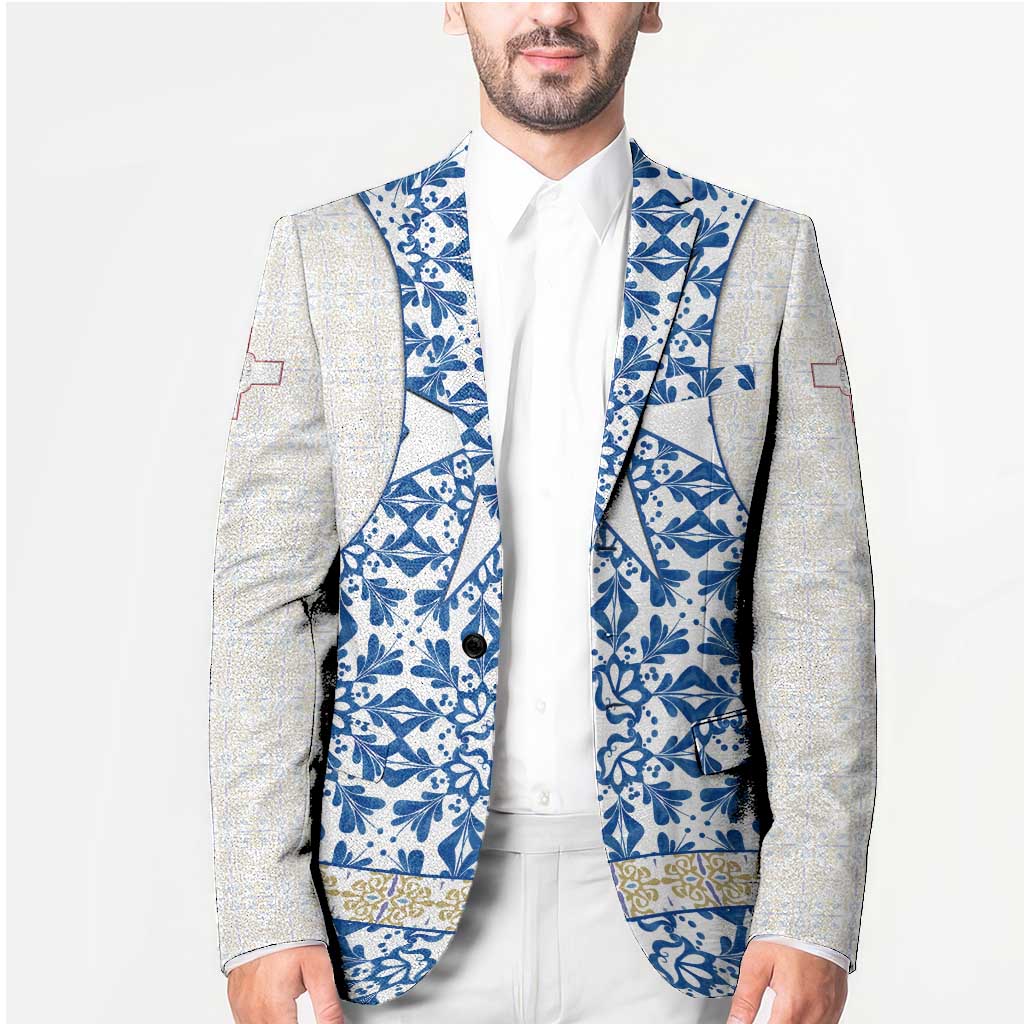 Malta Blazer with Blue White Tile Design and Maltese Cross Pattern - Wonder Print Shop