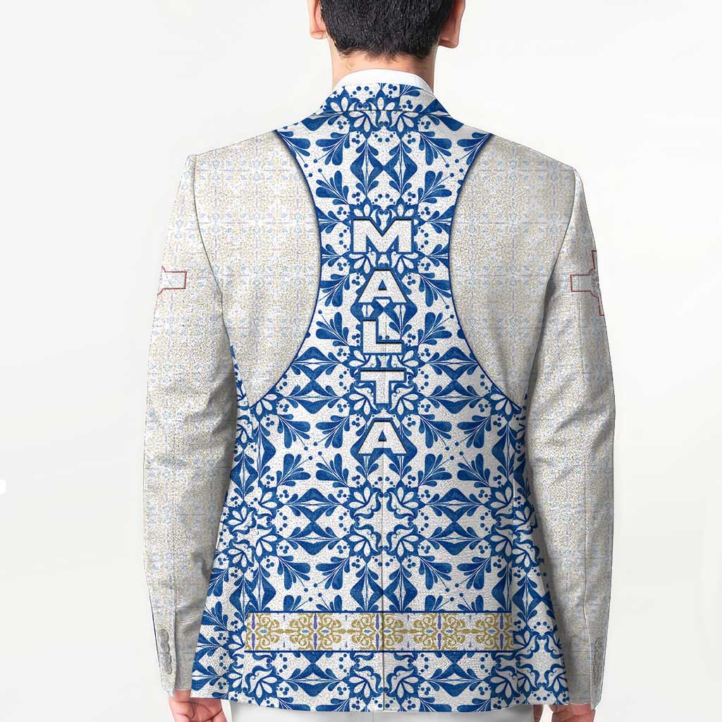 Malta Blazer with Blue White Tile Design and Maltese Cross Pattern - Wonder Print Shop