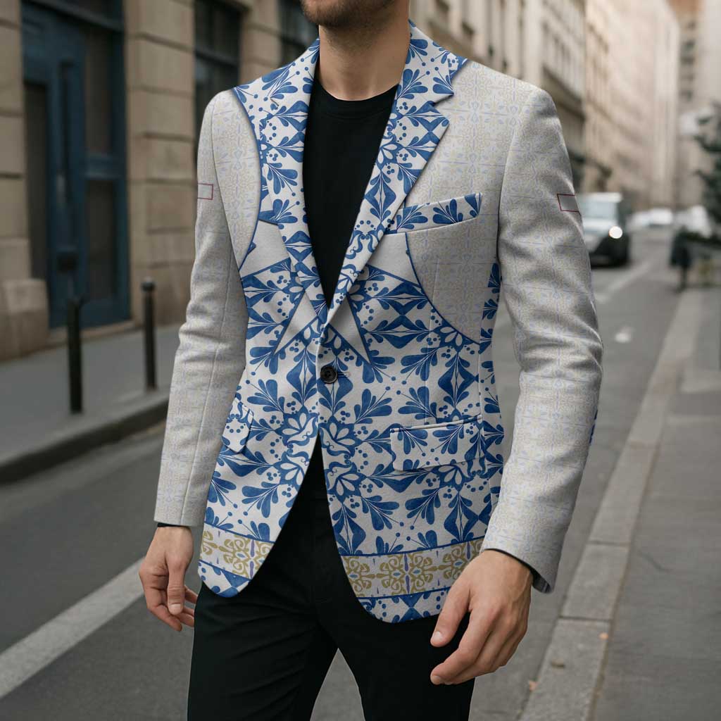 Malta Blazer with Blue White Tile Design and Maltese Cross Pattern - Wonder Print Shop