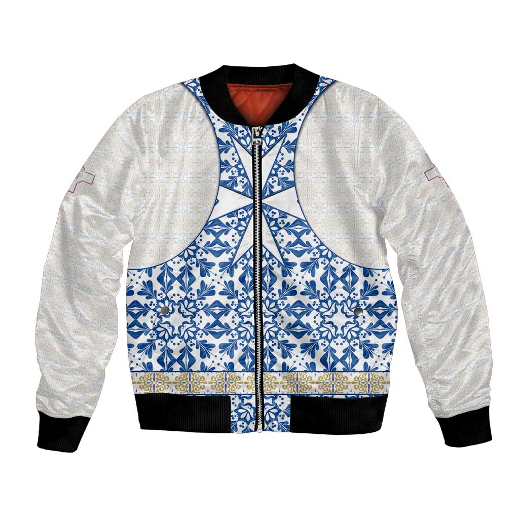 Malta Bomber Jacket with Blue White Tile Design and Maltese Cross Pattern - Wonder Print Shop