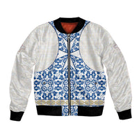 Malta Bomber Jacket with Blue White Tile Design and Maltese Cross Pattern - Wonder Print Shop