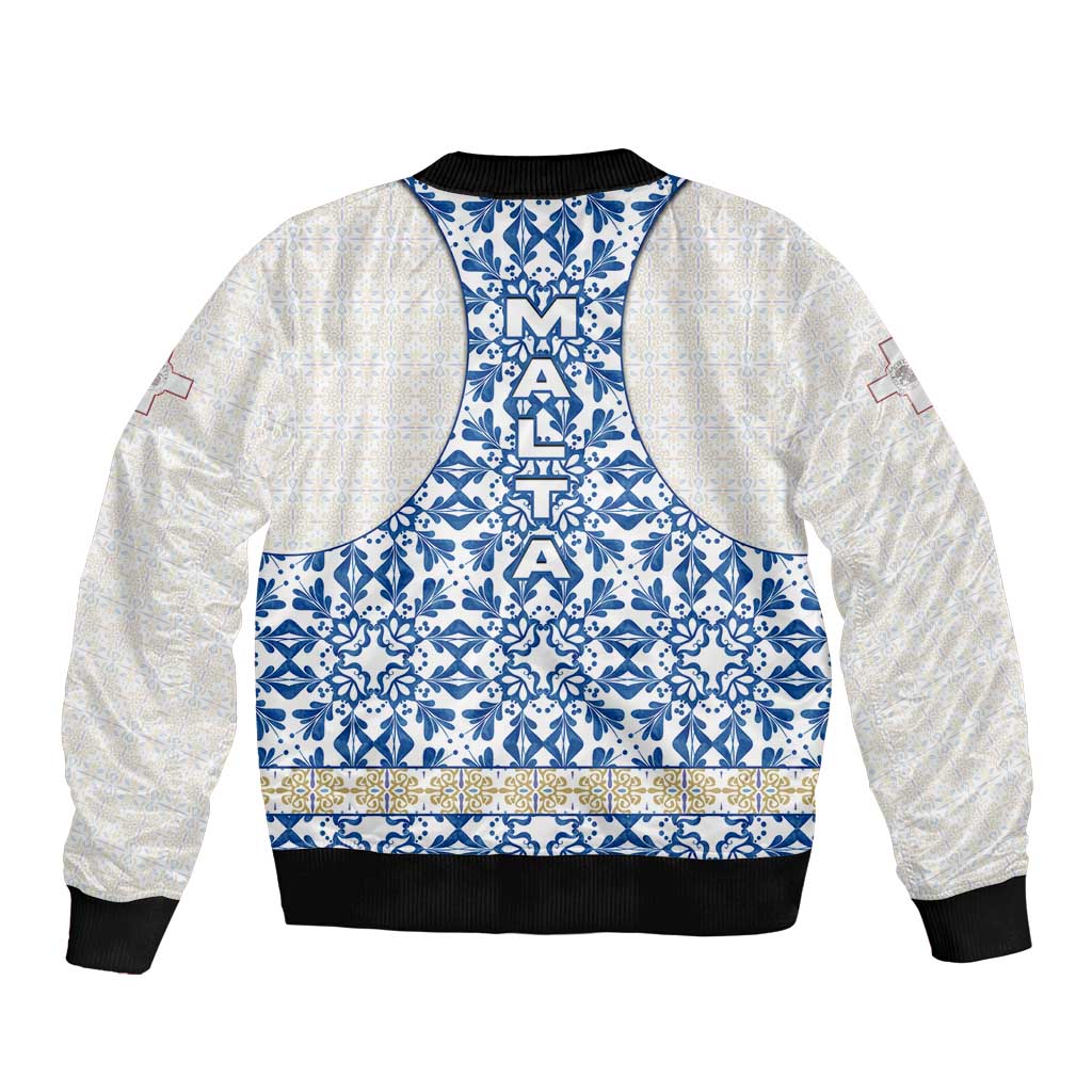 Malta Bomber Jacket with Blue White Tile Design and Maltese Cross Pattern - Wonder Print Shop