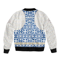 Malta Bomber Jacket with Blue White Tile Design and Maltese Cross Pattern - Wonder Print Shop