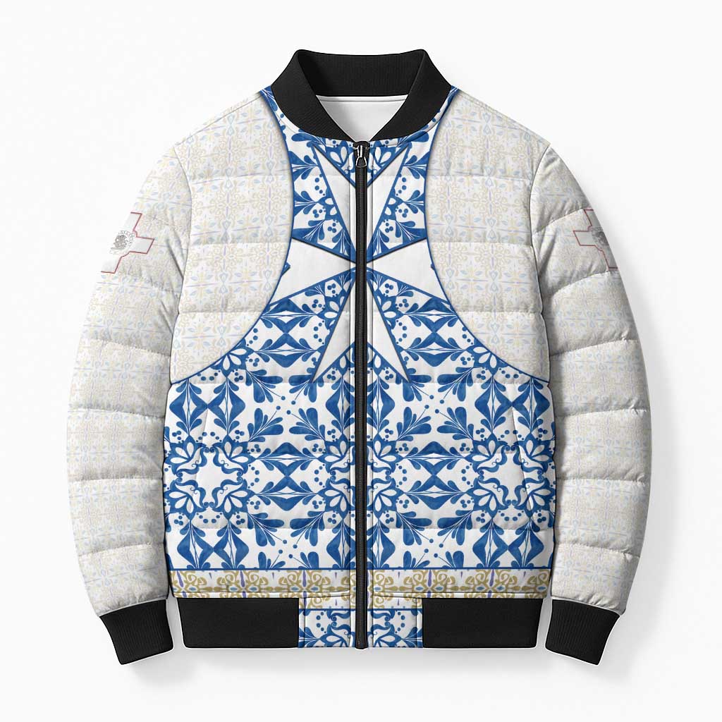Malta Bomber Puffer Jacket with Blue White Tile Design and Maltese Cross Pattern - Wonder Print Shop