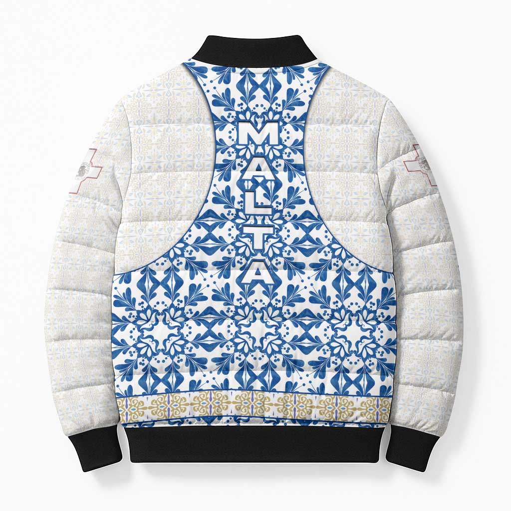 Malta Bomber Puffer Jacket with Blue White Tile Design and Maltese Cross Pattern - Wonder Print Shop