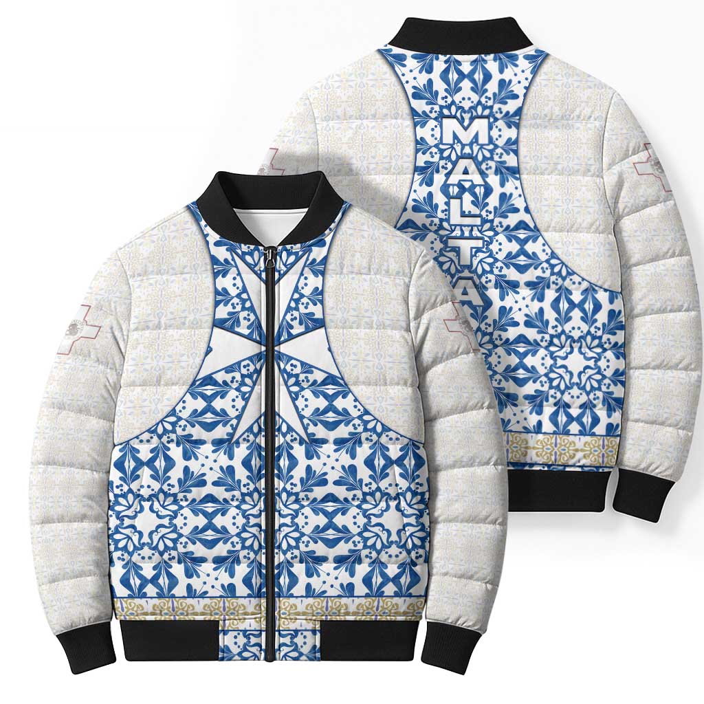 Malta Bomber Puffer Jacket with Blue White Tile Design and Maltese Cross Pattern - Wonder Print Shop