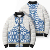 Malta Bomber Puffer Jacket with Blue White Tile Design and Maltese Cross Pattern - Wonder Print Shop