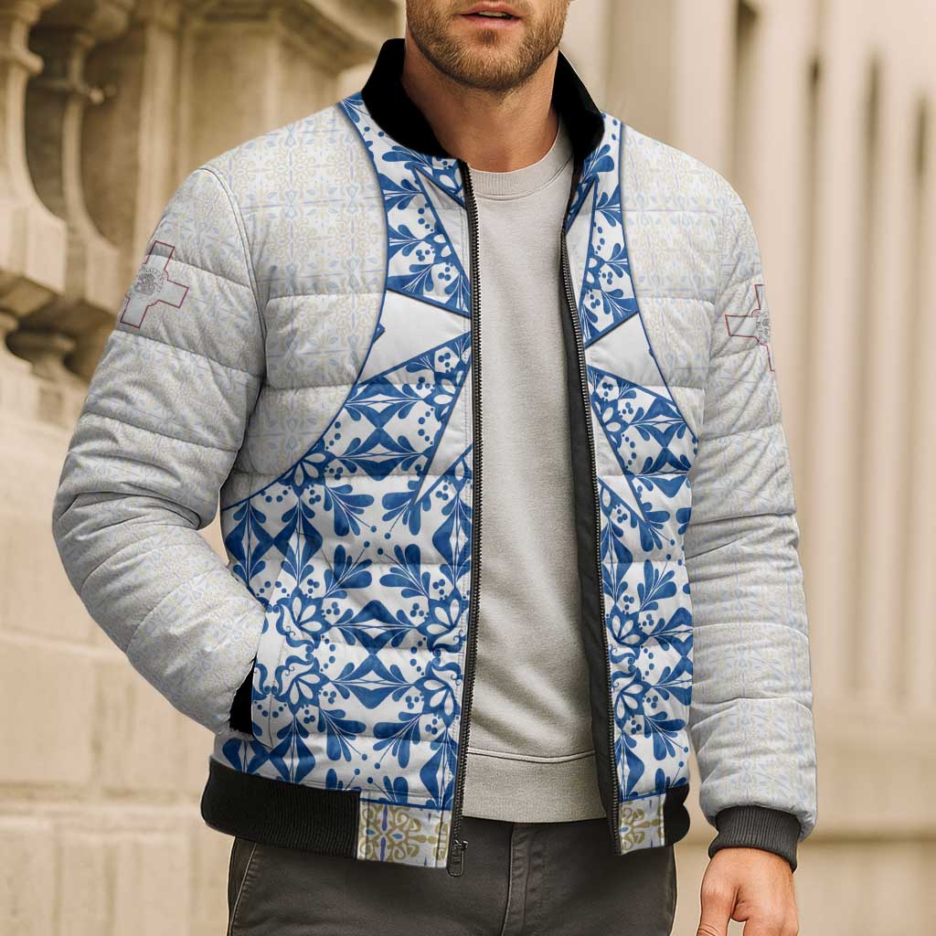 Malta Bomber Puffer Jacket with Blue White Tile Design and Maltese Cross Pattern - Wonder Print Shop