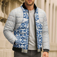 Malta Bomber Puffer Jacket with Blue White Tile Design and Maltese Cross Pattern - Wonder Print Shop