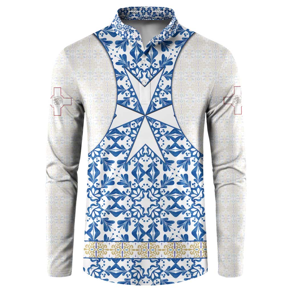 Malta Button Sweatshirt with Blue White Tile Design and Maltese Cross Pattern - Wonder Print Shop