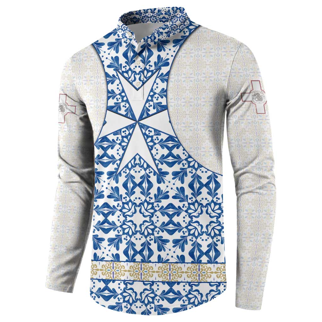 Malta Button Sweatshirt with Blue White Tile Design and Maltese Cross Pattern - Wonder Print Shop