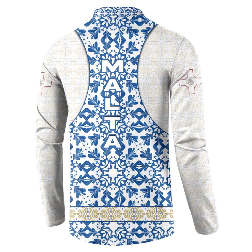 Malta Button Sweatshirt with Blue White Tile Design and Maltese Cross Pattern - Wonder Print Shop