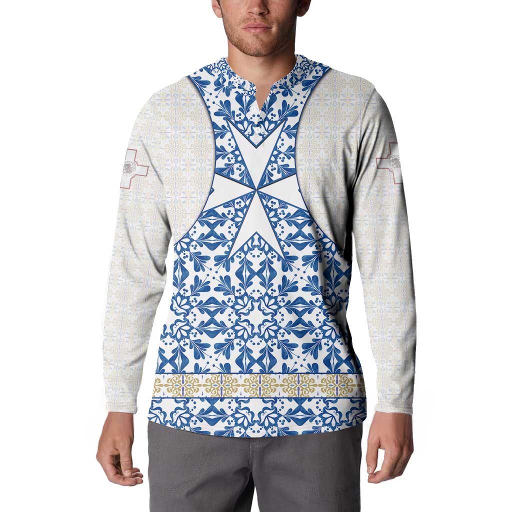 Malta Button Sweatshirt with Blue White Tile Design and Maltese Cross Pattern - Wonder Print Shop