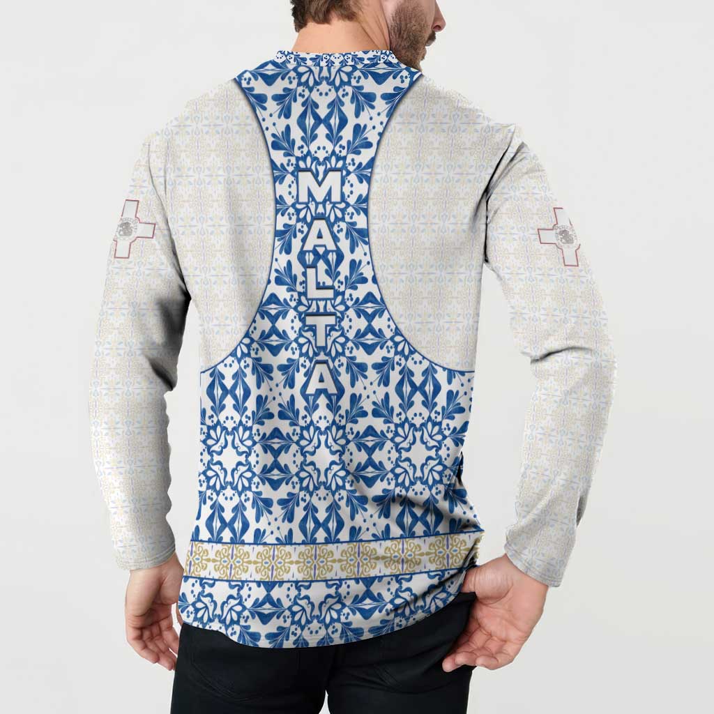 Malta Button Sweatshirt with Blue White Tile Design and Maltese Cross Pattern - Wonder Print Shop