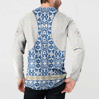 Malta Button Sweatshirt with Blue White Tile Design and Maltese Cross Pattern - Wonder Print Shop