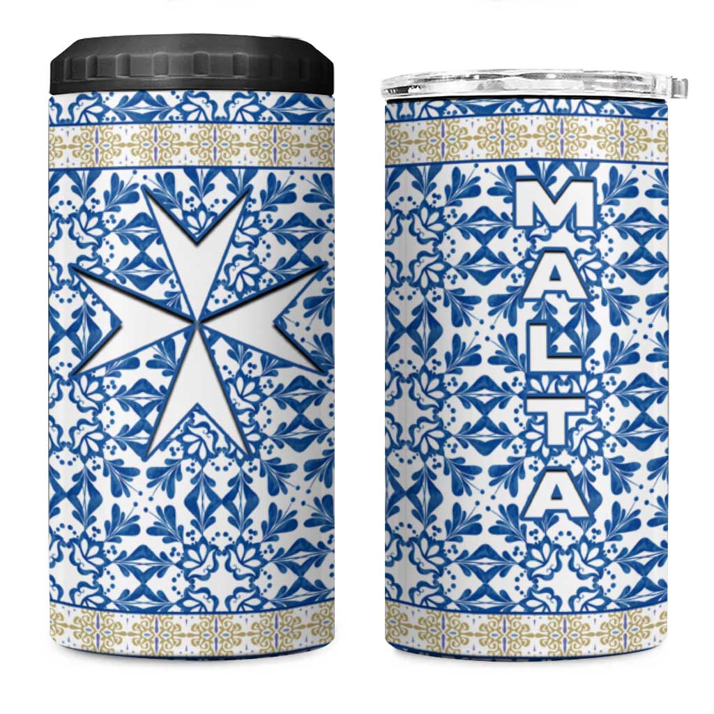 Malta 4 in 1 Can Cooler Tumbler with Blue White Tile Design and Maltese Cross Pattern - Wonder Print Shop