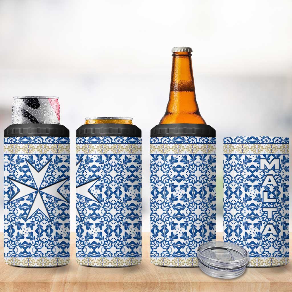 Malta 4 in 1 Can Cooler Tumbler with Blue White Tile Design and Maltese Cross Pattern - Wonder Print Shop