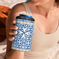 Malta 4 in 1 Can Cooler Tumbler with Blue White Tile Design and Maltese Cross Pattern - Wonder Print Shop