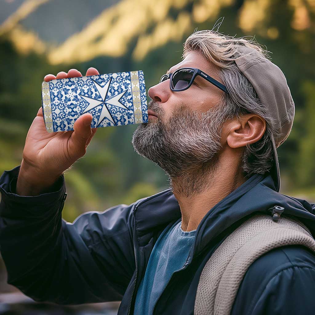Malta 4 in 1 Can Cooler Tumbler with Blue White Tile Design and Maltese Cross Pattern - Wonder Print Shop