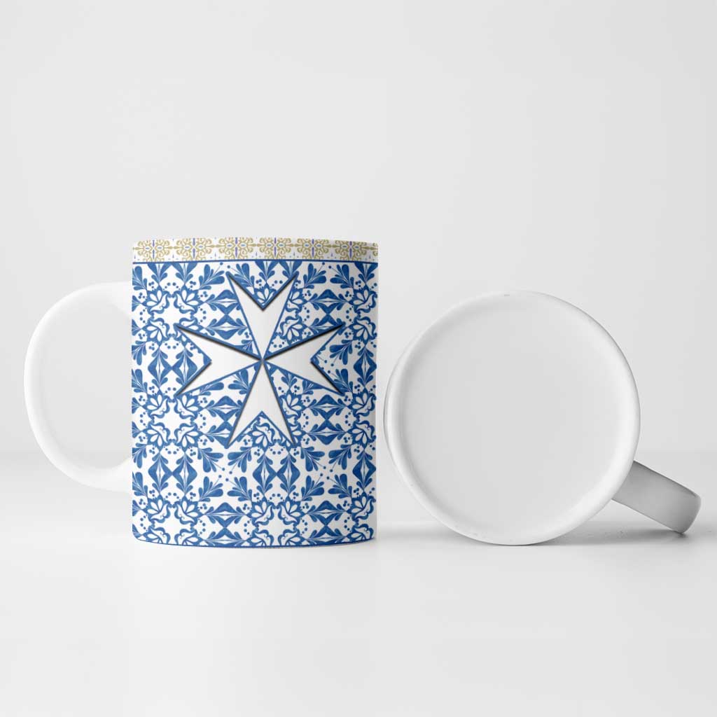 Malta Ceramic Mug with Blue White Tile Design and Maltese Cross Pattern - Wonder Print Shop