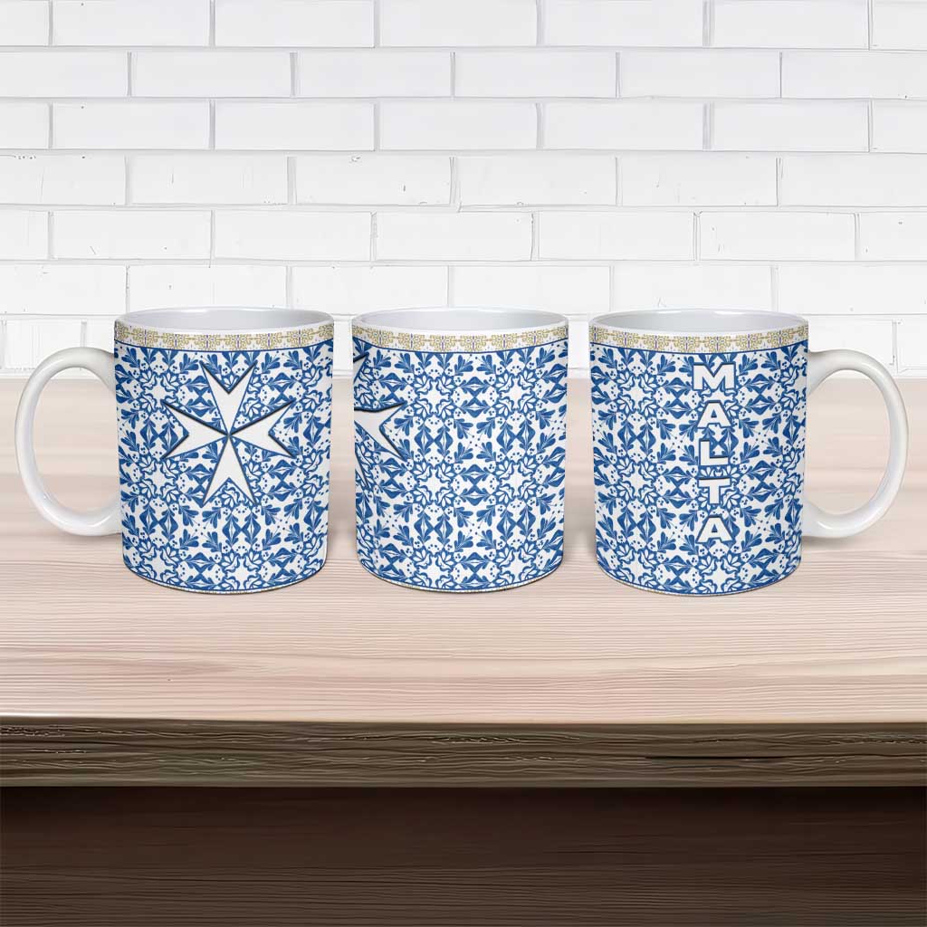 Malta Ceramic Mug with Blue White Tile Design and Maltese Cross Pattern - Wonder Print Shop
