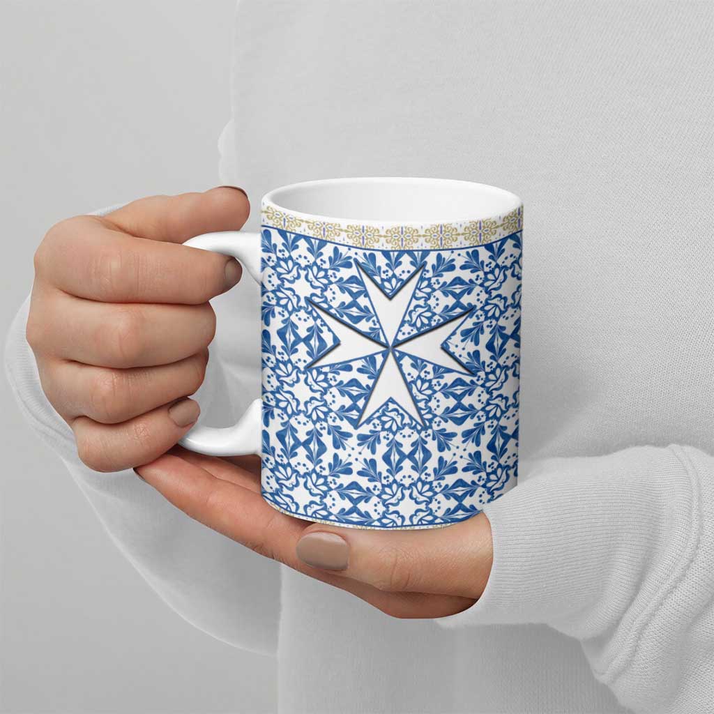 Malta Ceramic Mug with Blue White Tile Design and Maltese Cross Pattern - Wonder Print Shop