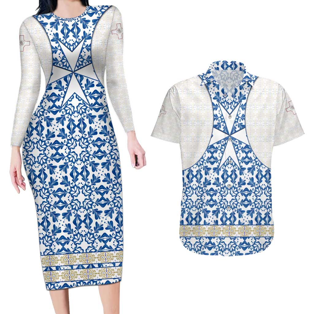 Malta Couples Matching Long Sleeve Bodycon Dress and Hawaiian Shirt with Blue White Tile Design and Maltese Cross Pattern - Wonder Print Shop