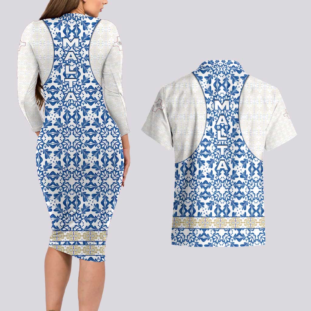 Malta Couples Matching Long Sleeve Bodycon Dress and Hawaiian Shirt with Blue White Tile Design and Maltese Cross Pattern - Wonder Print Shop