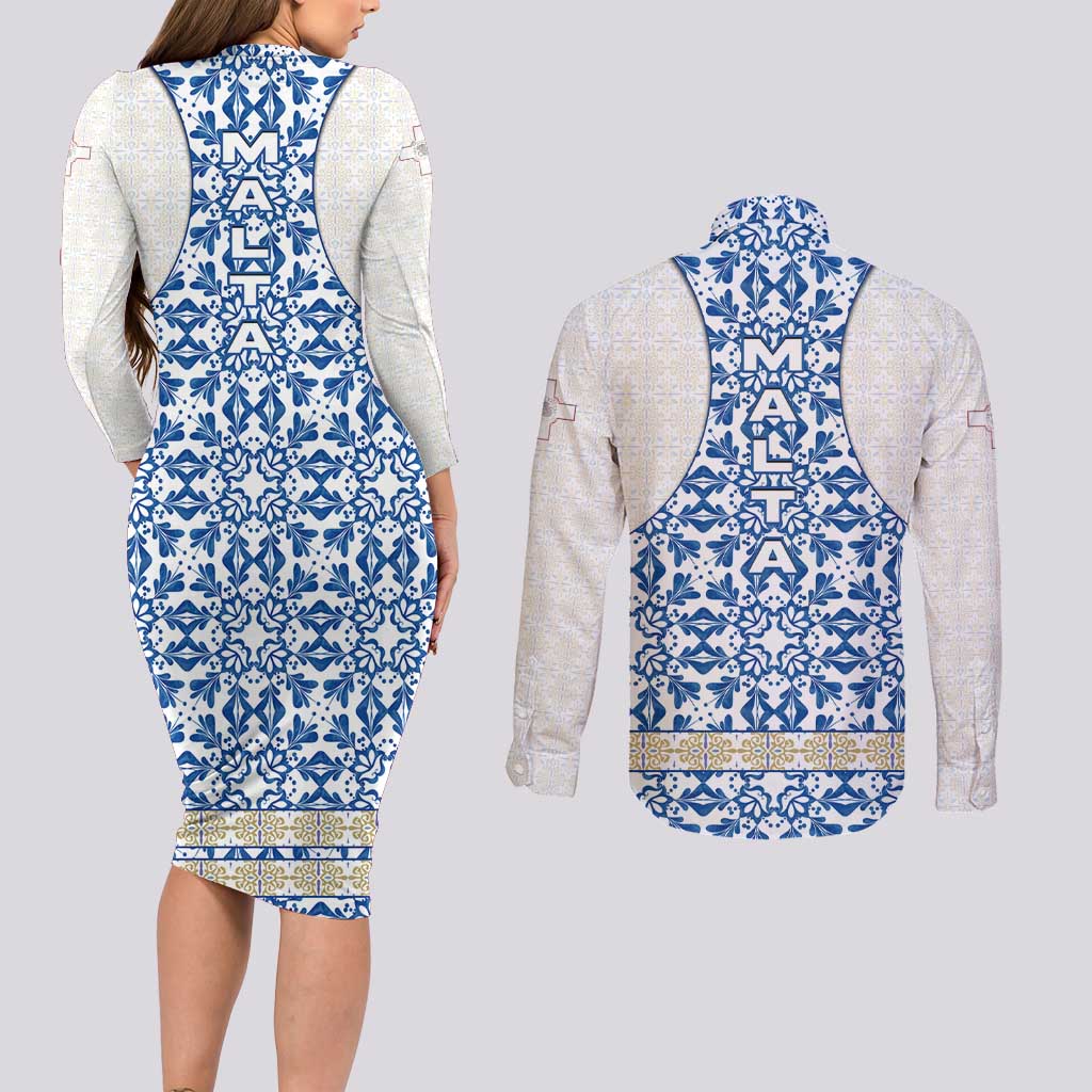 Malta Couples Matching Long Sleeve Bodycon Dress and Long Sleeve Button Shirt with Blue White Tile Design and Maltese Cross Pattern - Wonder Print Shop