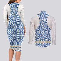 Malta Couples Matching Long Sleeve Bodycon Dress and Long Sleeve Button Shirt with Blue White Tile Design and Maltese Cross Pattern - Wonder Print Shop